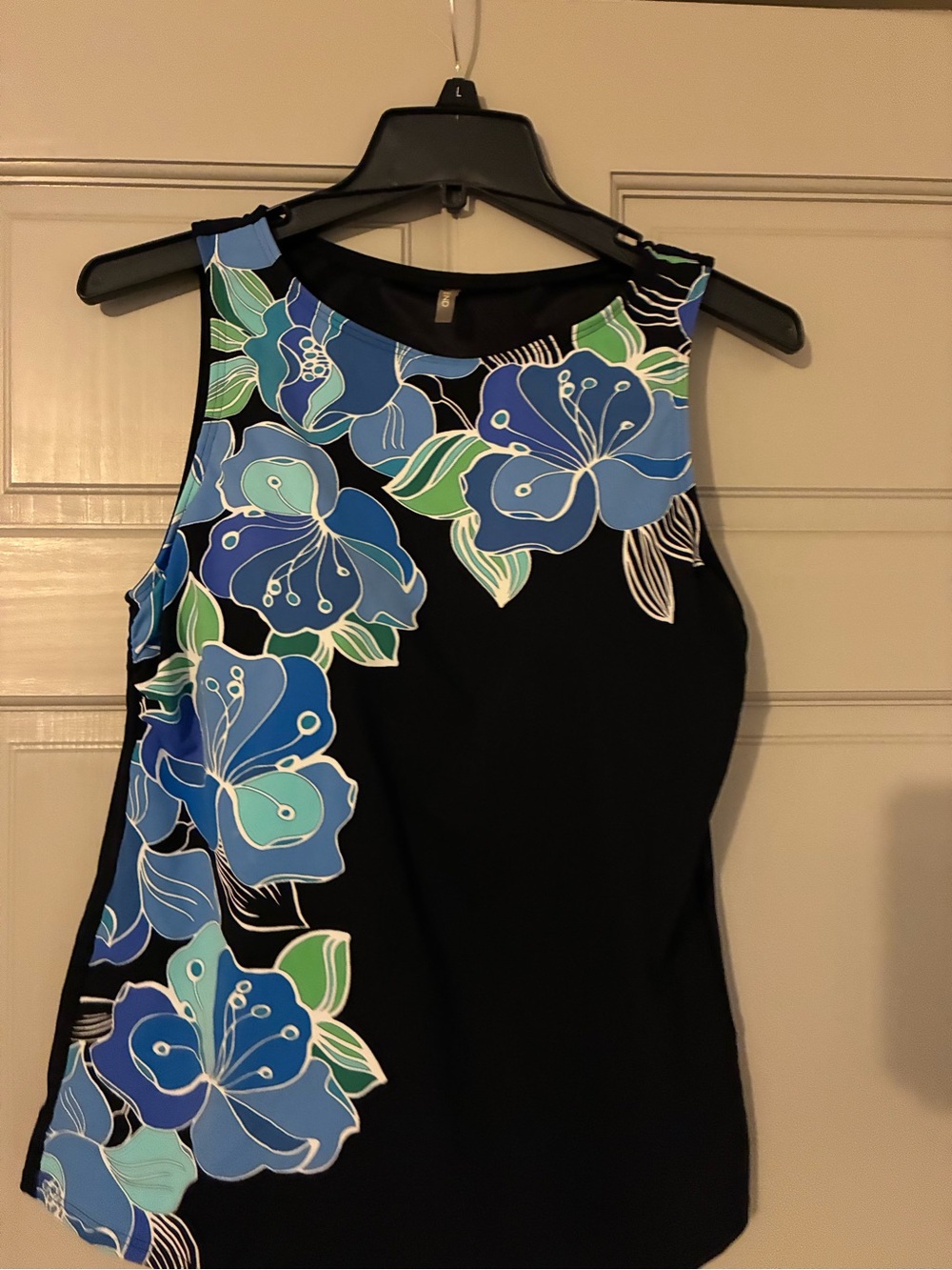 Lands' End Blue Black Tankini Sz 10 Soft Cup Print Modest Hibiscus Tropical - Picture 2 of 6